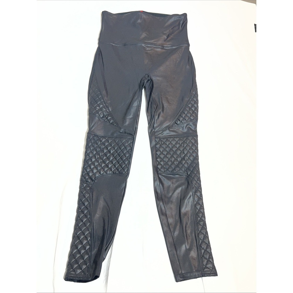 SPANX Quilted Faux Leather Leggings Black Size L Moto High Rise Tummy Control